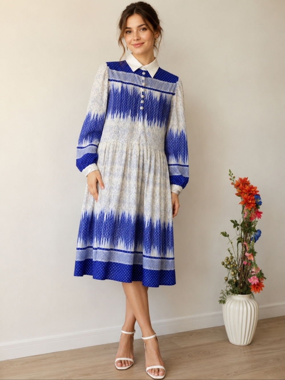 Vintage Blue White Midi Dress Collared Button Front Cottagecore 70s Style Size 6